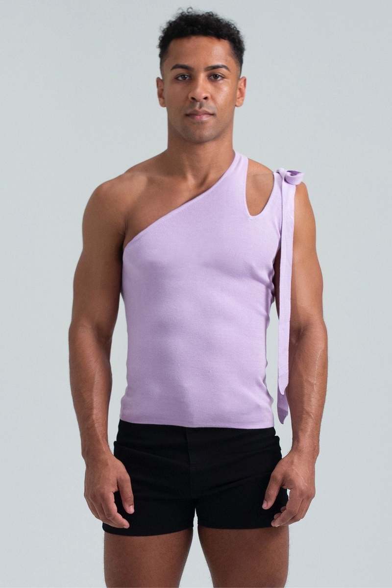 Asymmetrical Slash Shoulder Tank with Bow | Garmentory