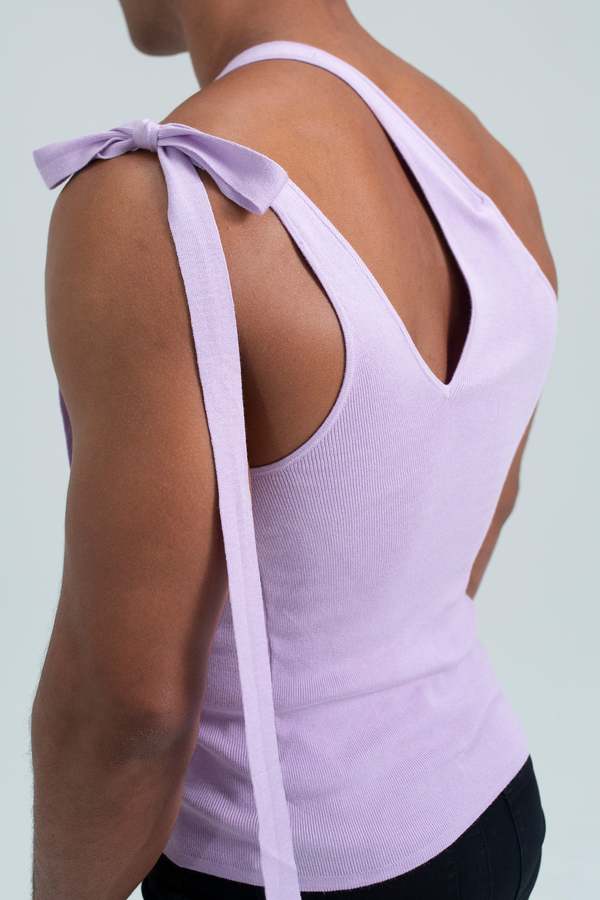 Asymmetrical Slash Shoulder Tank with Bow | Garmentory