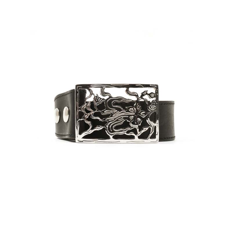 Our Legacy SPEED LEATHER FLOWER PLATE BELT - BLACK | Garmentory