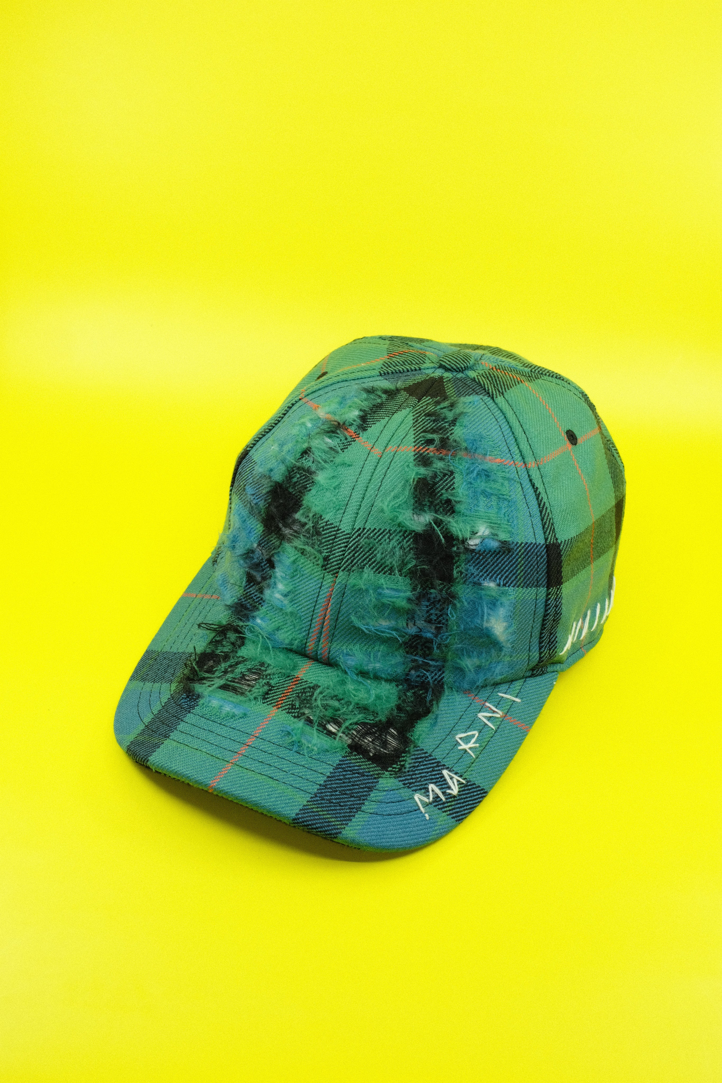 Marni Destroyed Wool Tartan Baseball Hat - Green | Garmentory