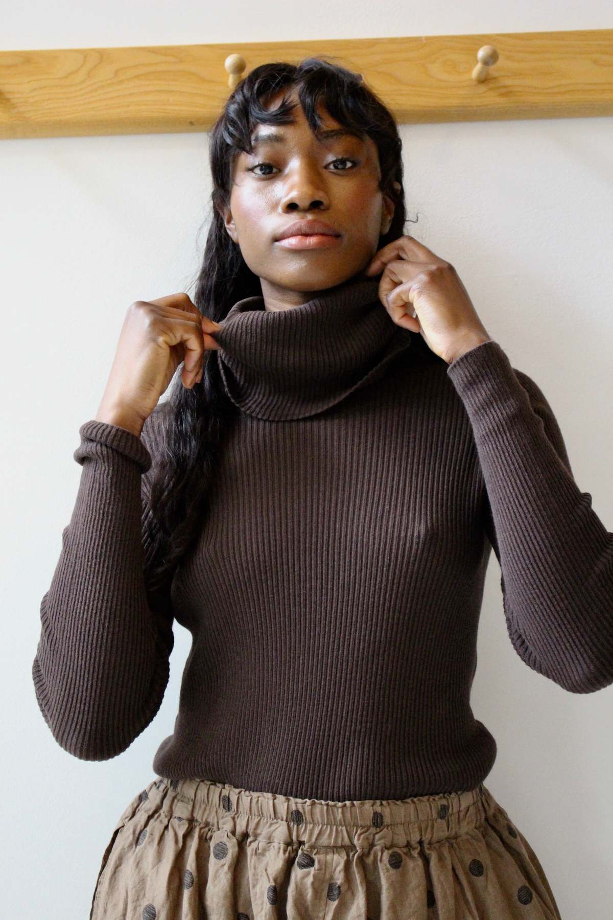 ICHI ANTIQUITES Whole Garment Rib Knit Turtleneck Pullover - Brown