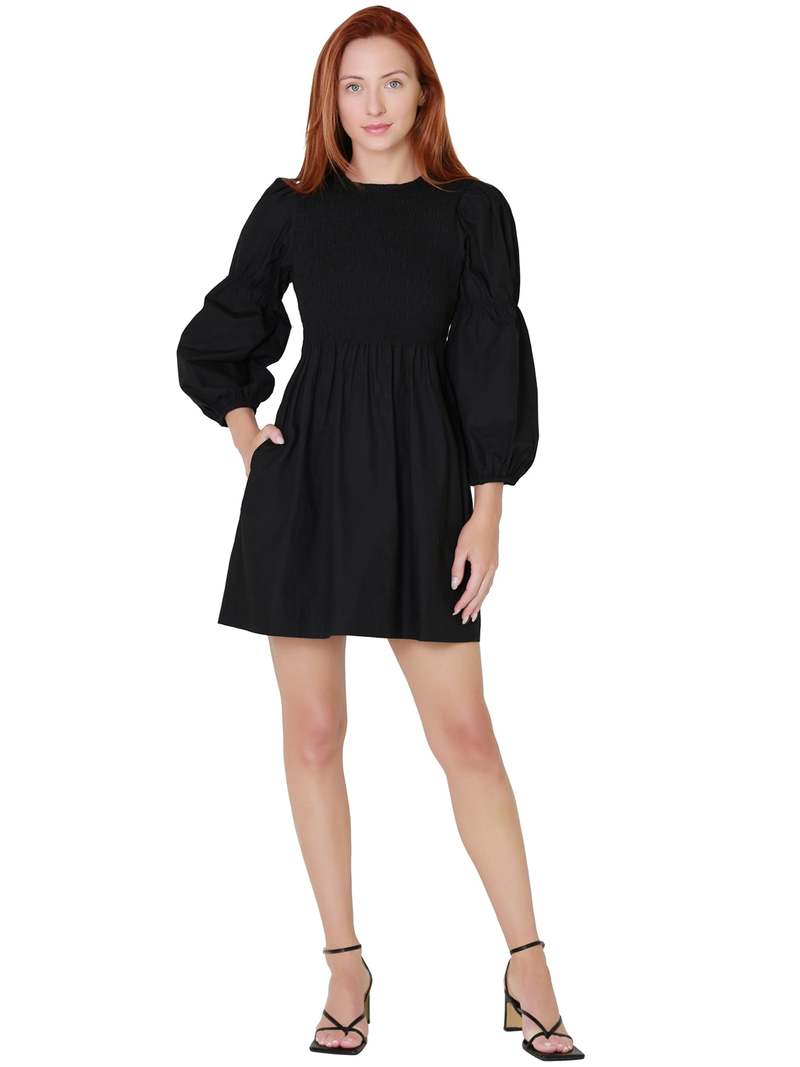 knee length dresses for ladies BLACK SMOCK MINI DRESS WITH VOLUME SLEEVE AND TULLE HEM – Arelia's Dream main image 1