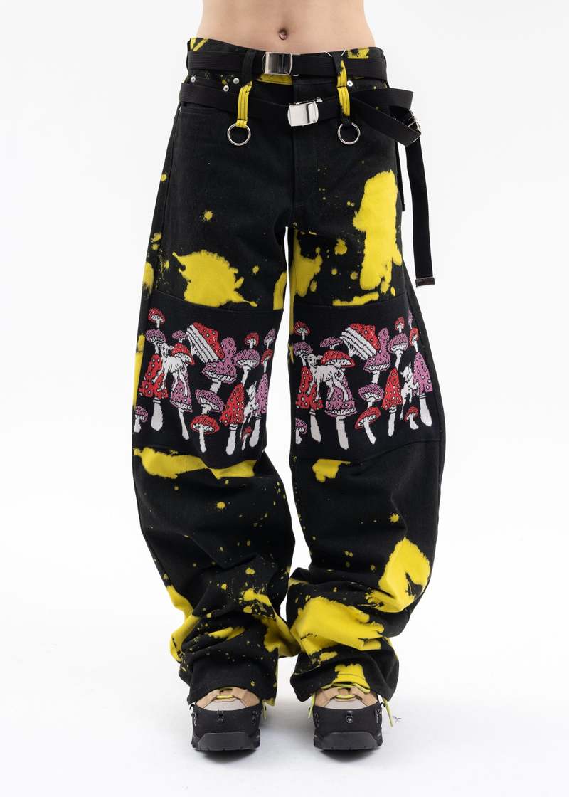 Kidill Dye Poisonous Mushroom Denim Pants - Black Yellow | Garmentory