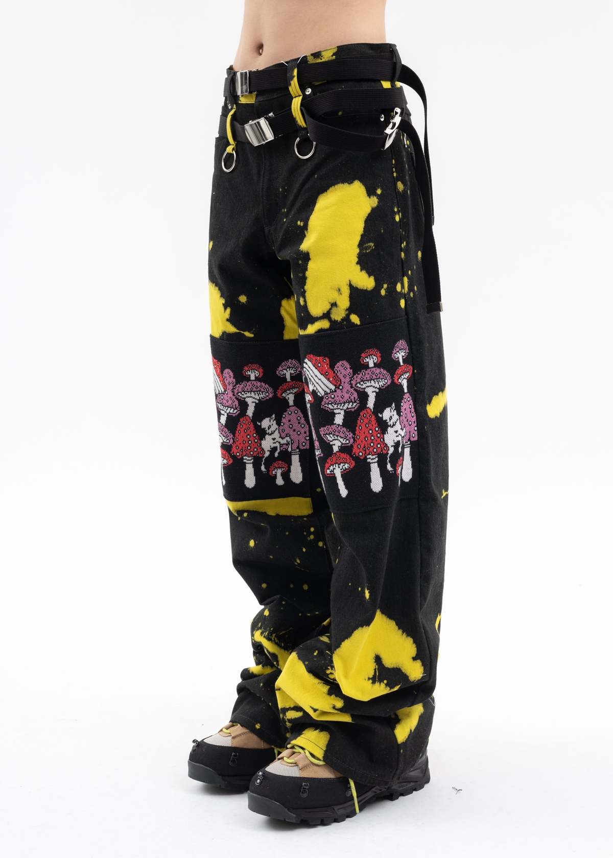 Kidill Dye Poisonous Mushroom Denim Pants - Black Yellow | Garmentory display picture 1