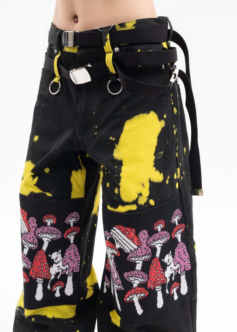 Kidill Dye Poisonous Mushroom Denim Pants - Black Yellow