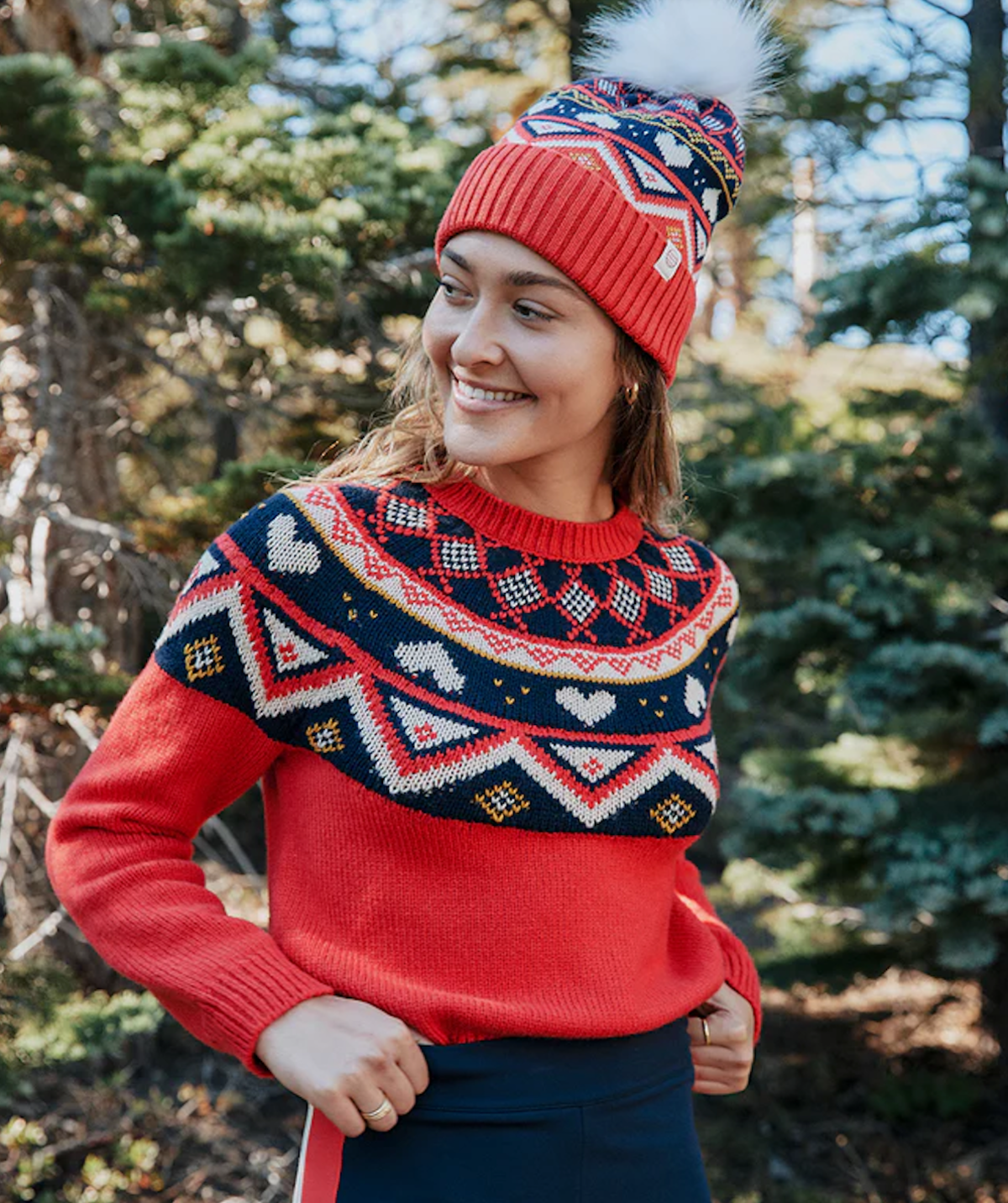 Marine layer Fair Isle Beanie in Red Old Navy Fair Isle Knit Beanie Hat Red with Lama Design Pom  main image 4