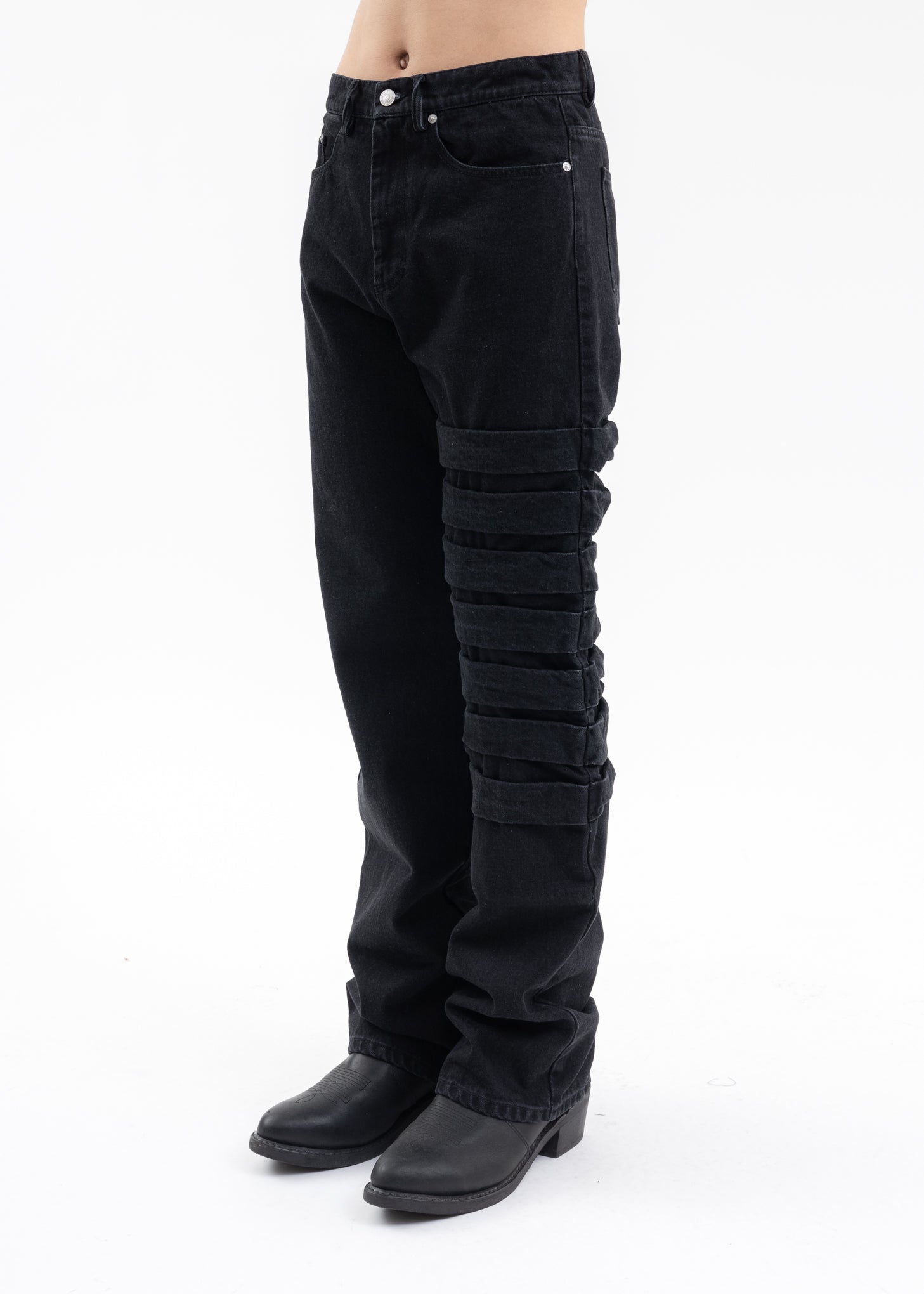 KUSIKOHC HALF PLASTER DENIM PANTS - BLACK | Garmentory 