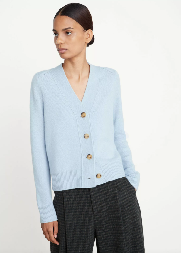 VINCE Cashmere Shrunken Button Cardigan Light Tide/Heather Sand Shell