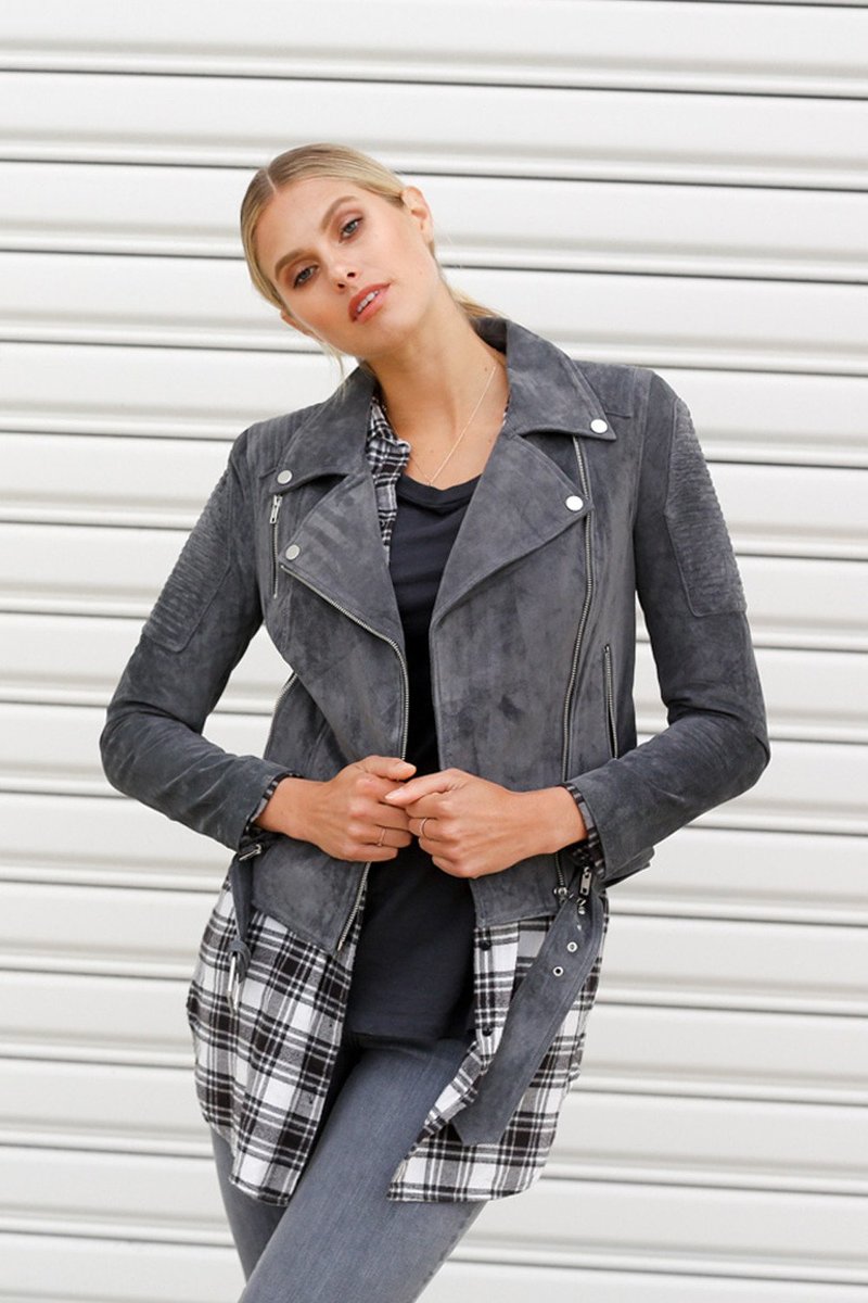 Ena Pelly Classic Leather Biker Jacket Charcoal Suede Garmentory