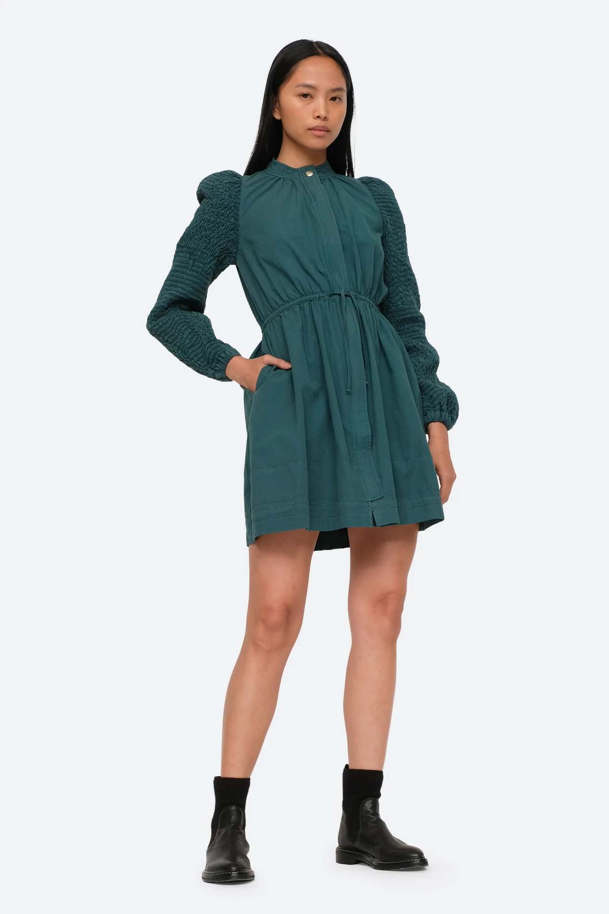 Sea NY Casey Hand Smocked Long Sleeve Belted Dress - Emerald | Garmentory