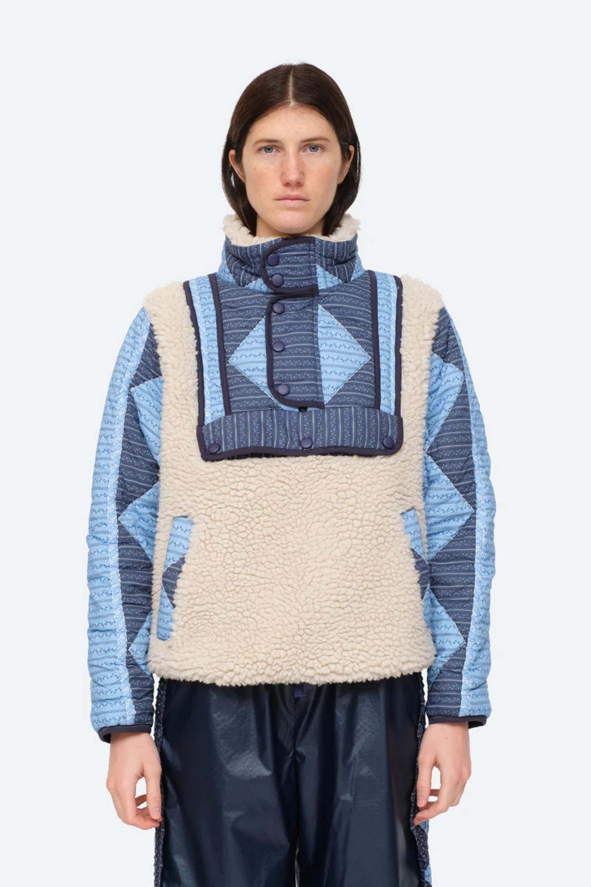 Sea NY Palmer Patchwork Fleece Pullover - Blue Multi | Garmentory