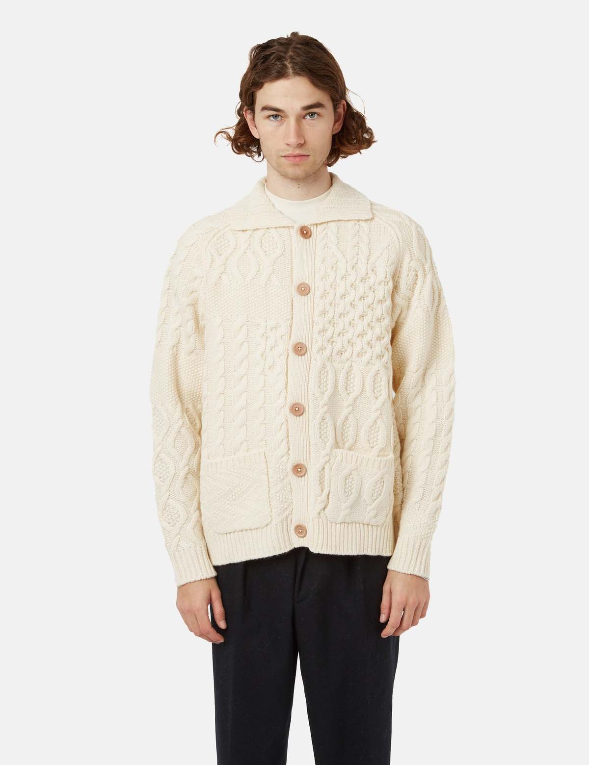BEAMS PLUS Cardigan Alan アランニット　カーディガン Beams Plus Cardigan Alan Patchwork in Multi | FWRD