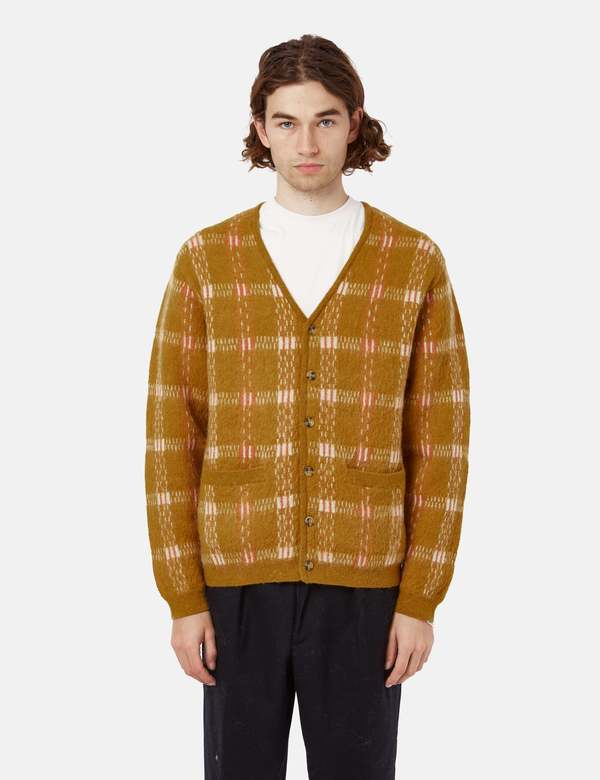 Beams Plus Jacquard Check Mohair 9G Cardigan - Mustard Yellow