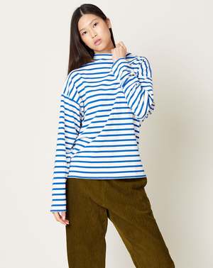KAPITAL 青黒ストライプ長袖カットソー日本製 Kapital Stripe Jersey Knit GANDHI Long Sleeve Tee - Blue/White