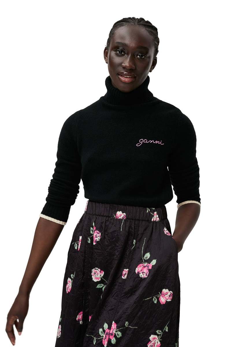 Ganni Crinkled Satin Midi Skirt - Black | Garmentory