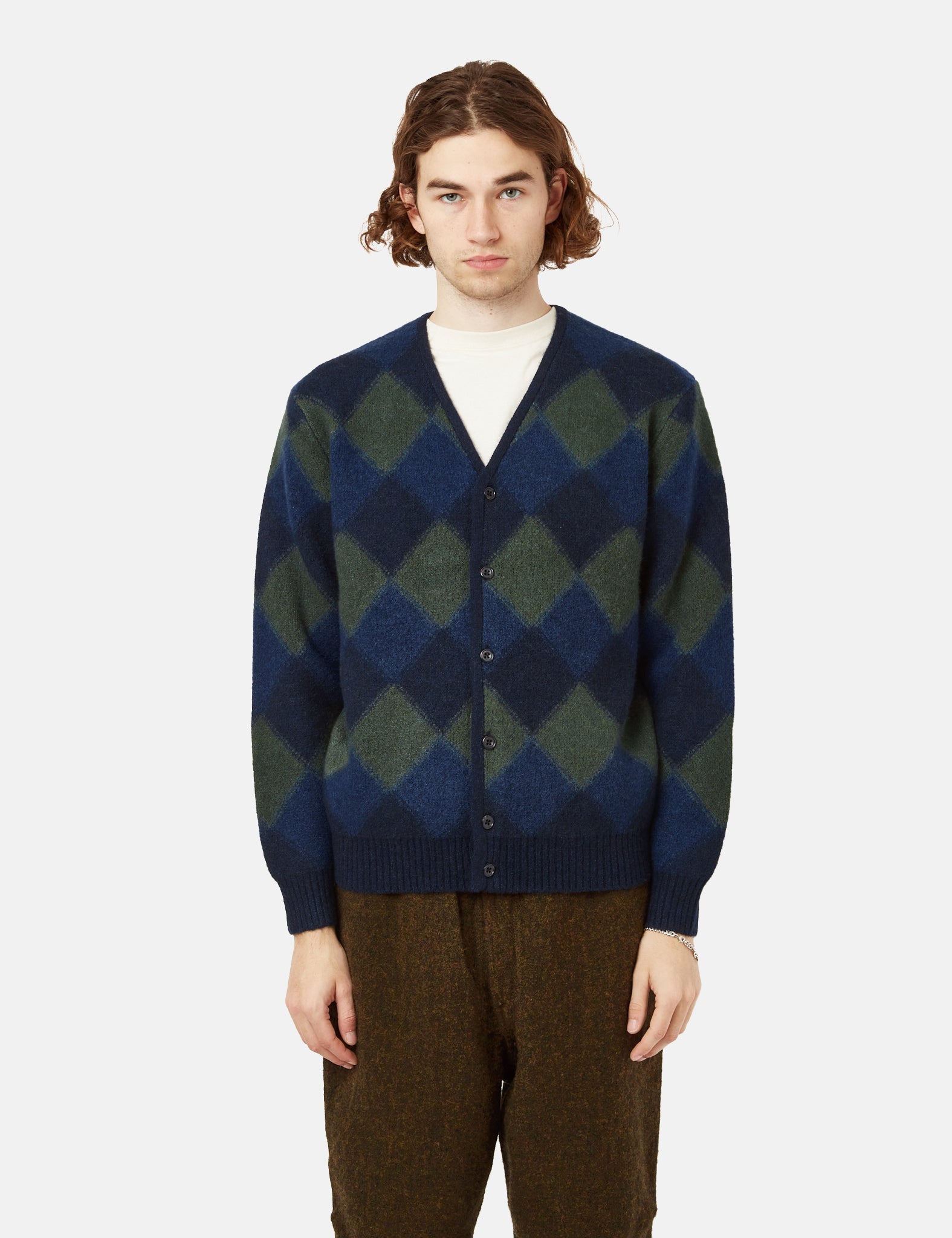 Beams Plus Double Jacquard Cardigan - Argyle Pattern Navy Blue