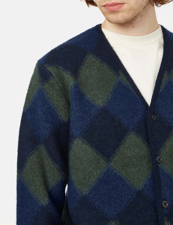 Beams Plus Double Jacquard Cardigan - Argyle Pattern Navy Blue