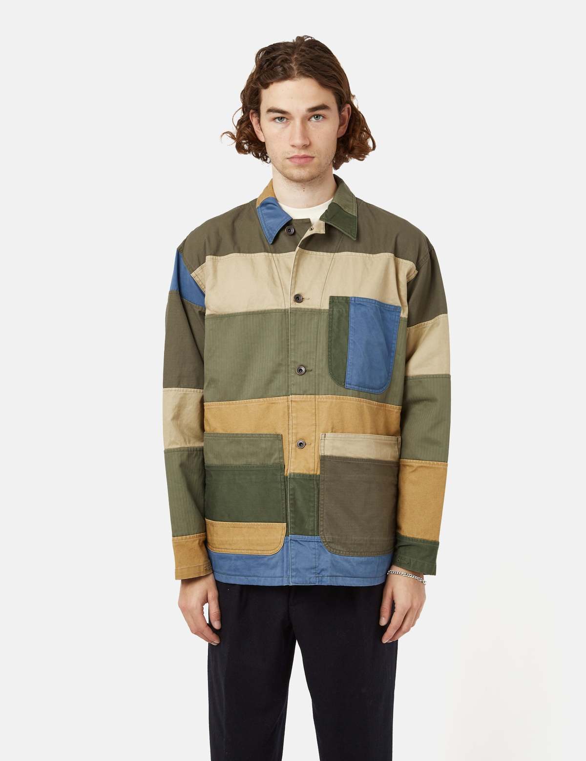 Beams Plus MIL Chore Jacket - Patchwork Green/Beige | Garmentory