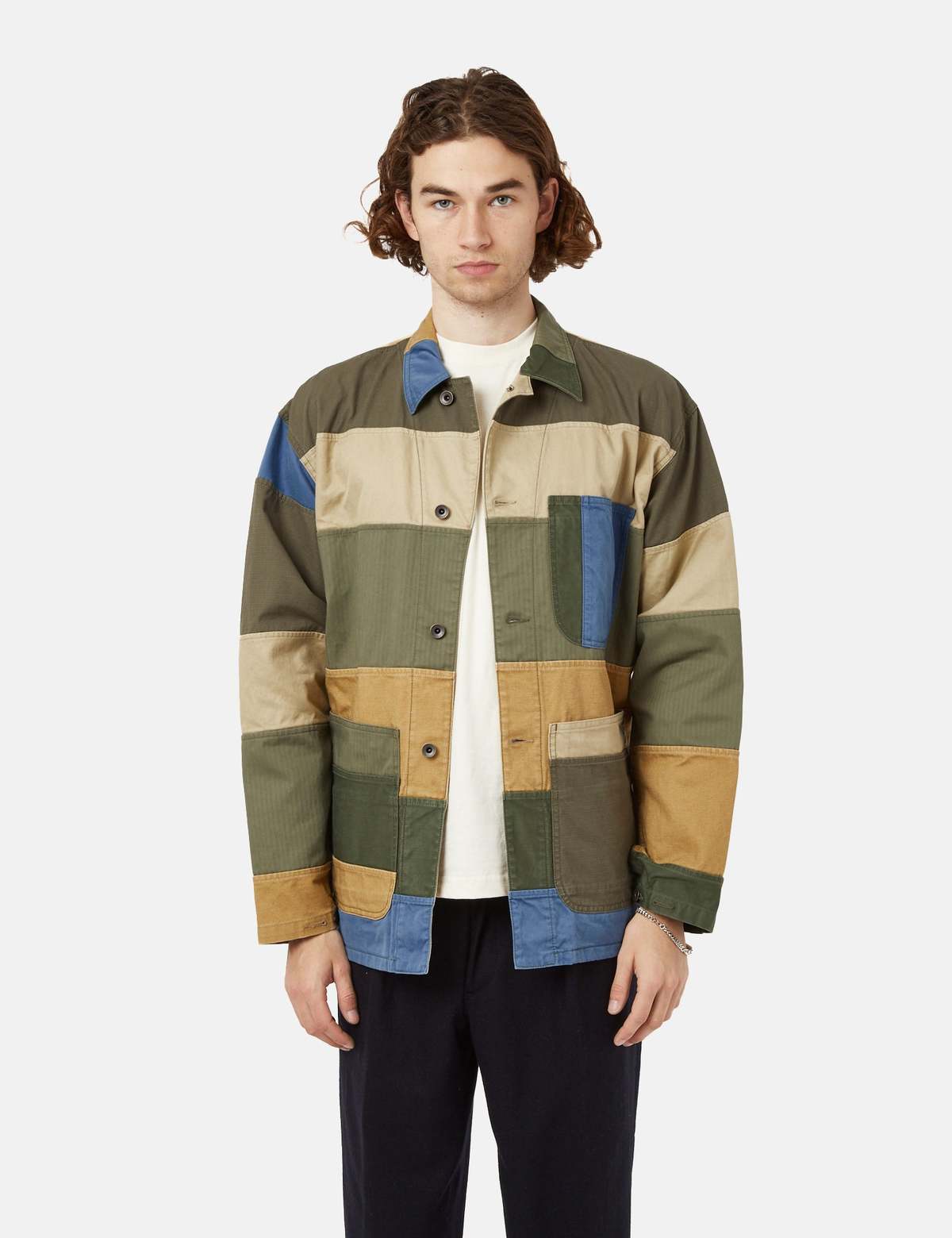 Beams Plus MIL Chore Jacket - Patchwork Green/Beige | Garmentory