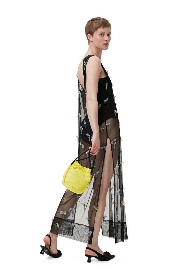 Ganni Embellished Mesh Slip Dress - Black | Garmentory