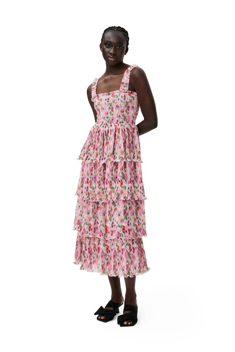 Ganni PLEATED GEORGETTE FLOUNCE SMOCK MIDI DRESS - SUGAR PLUM