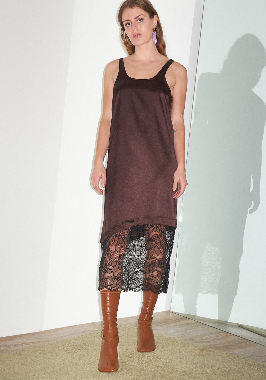 Ganni Lace Mix U Neck Midi Dress - Mole | Garmentory