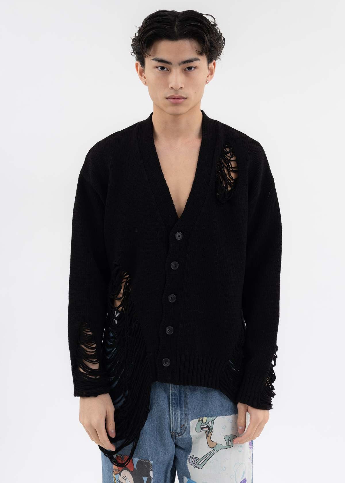 DISCOVERED DAMAGE COTTON KNIT CARDIGAN - Black | Garmentory