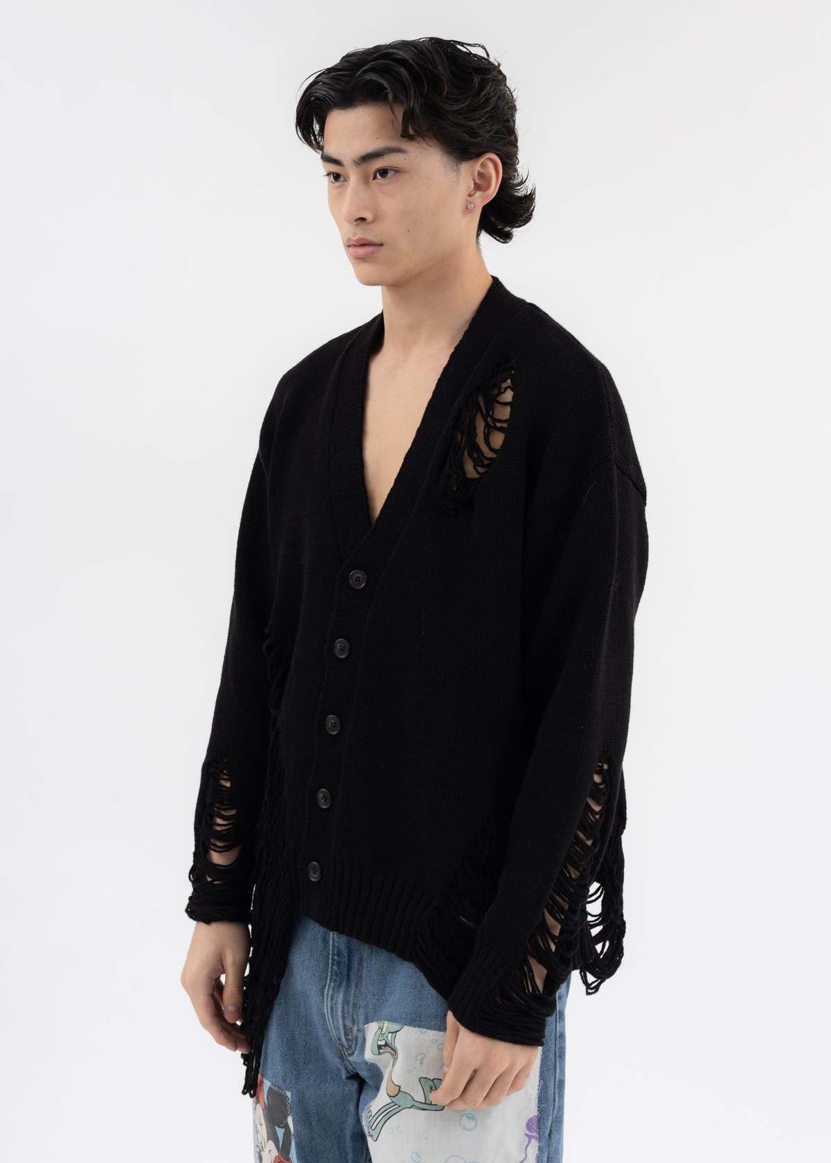 DISCOVERED DAMAGE COTTON KNIT CARDIGAN - Black | Garmentory