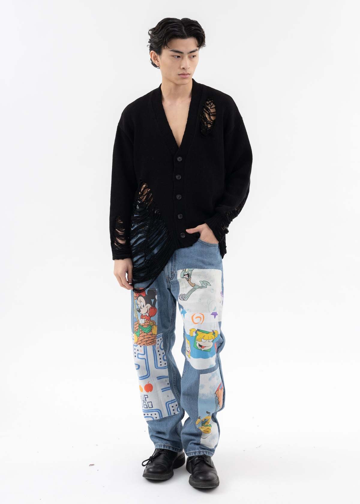 DISCOVERED DAMAGE COTTON KNIT CARDIGAN - Black | Garmentory