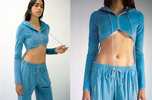 Priscavera Cropped Zip Up Velour Hoodie - Dusty Blue - Thumbnail 7
