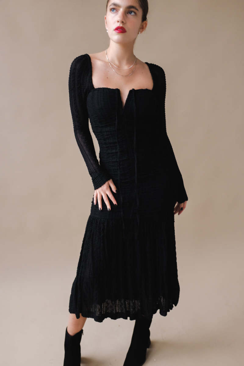 Ganni Stretch Lace Gathering Midi Dress