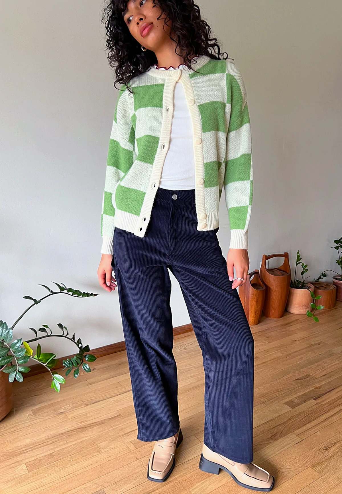 Lisa Says Gah Lauda Cardigan - Ivory/Leaf Check | Garmentory