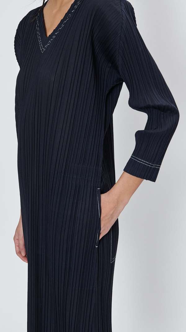 Pleats Please by Issey Miyake Ramie Denim Dress - Black | Garmentory