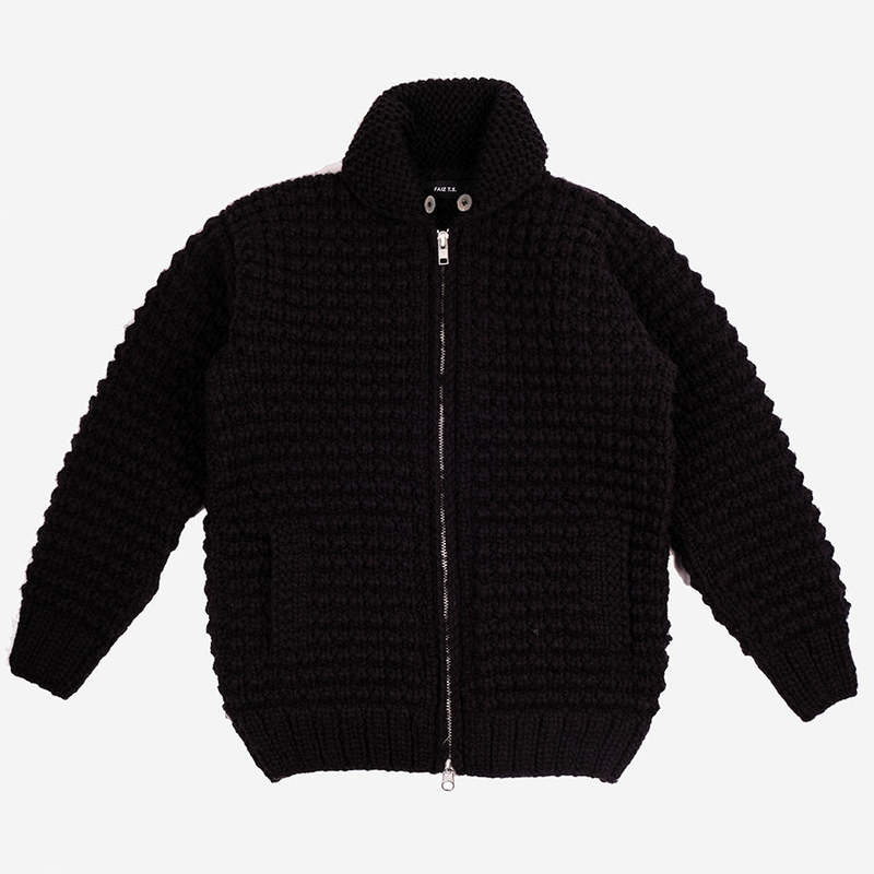 FAIZ T.S. Oxford Waffle Wool Knit Cowichan Sweater - Black