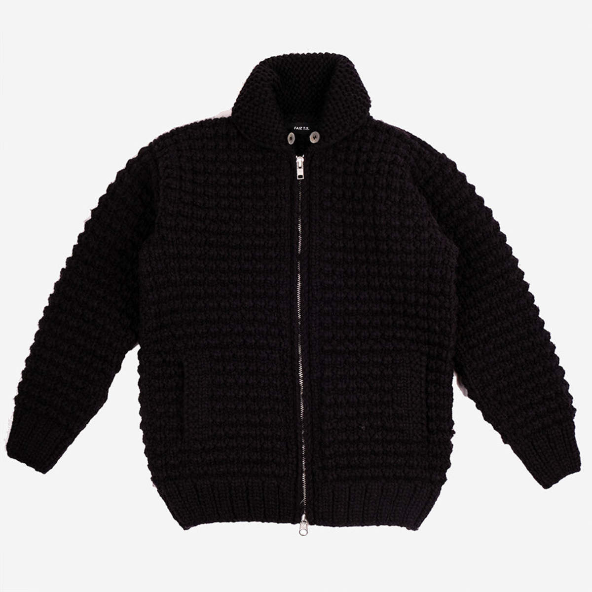 FAIZ T.S. Oxford Waffle Wool Knit Cowichan Sweater - Black - Image 3 of 6