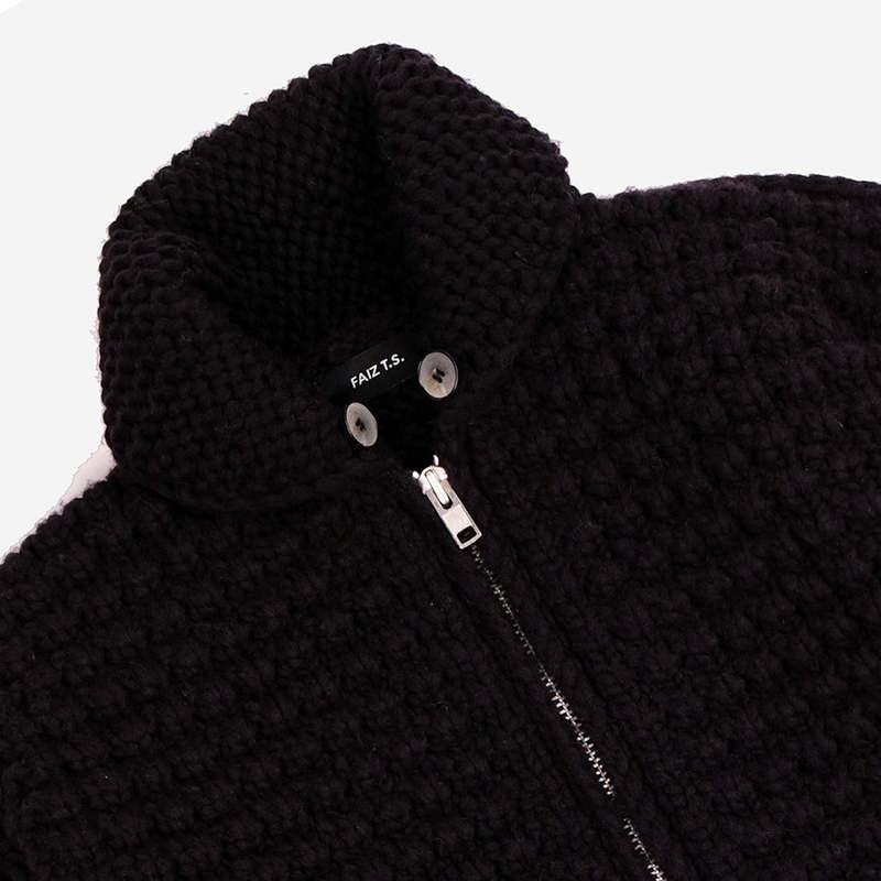 FAIZ T.S. Oxford Waffle Wool Knit Cowichan Sweater - Black