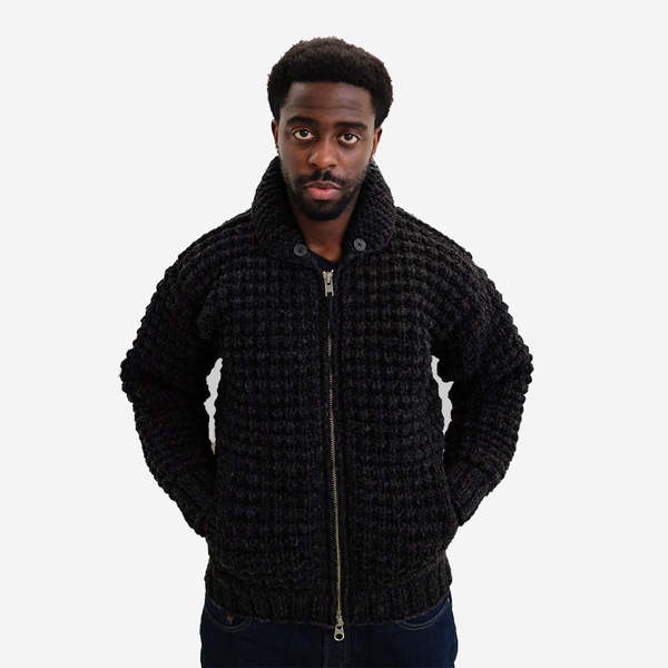 FAIZ T.S. Oxford Waffle Wool Knit Cowichan Sweater - Black