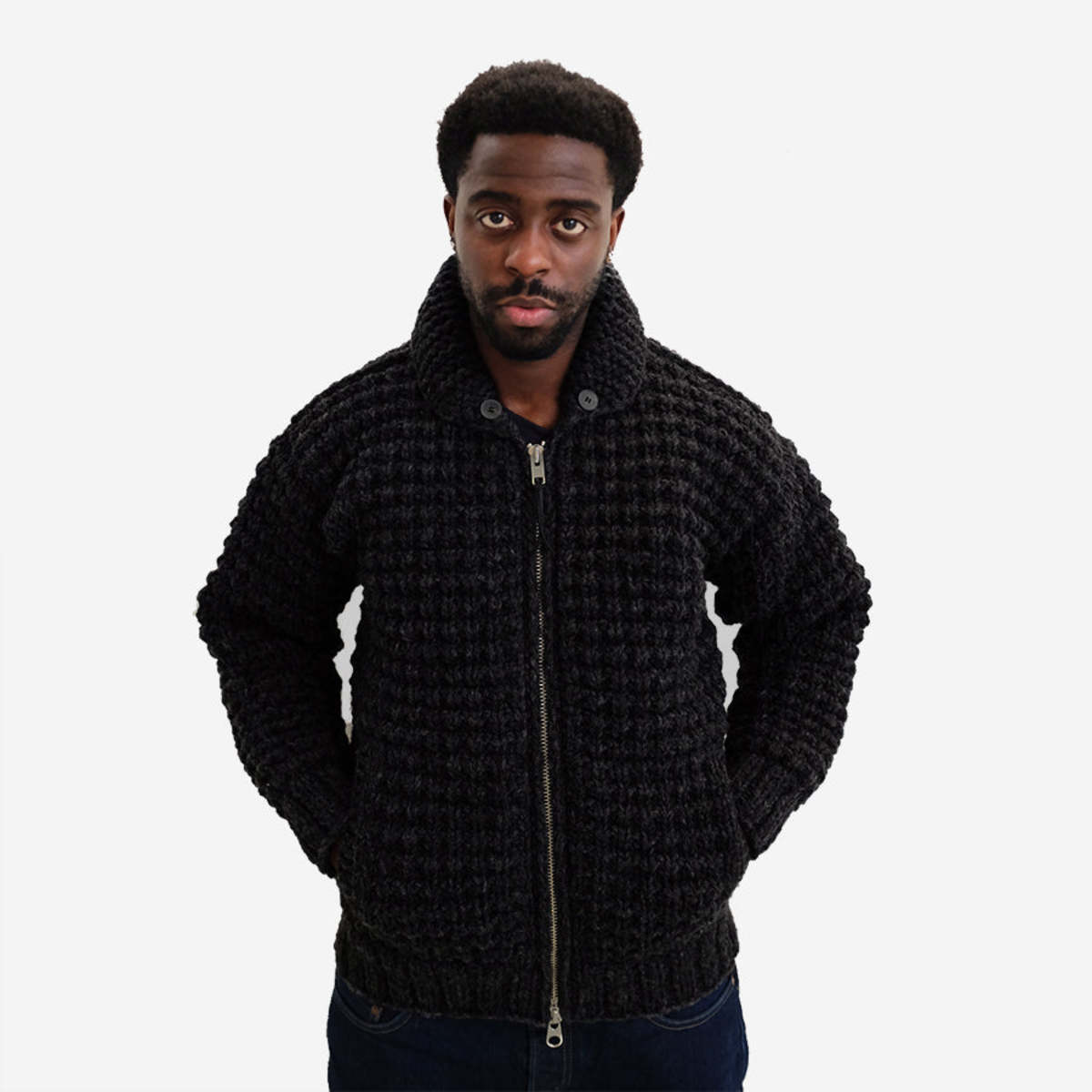 FAIZ T.S. Oxford Waffle Wool Knit Cowichan Sweater - Black - Image 1 of 6