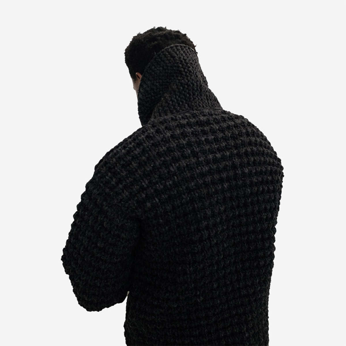FAIZ T.S. Oxford Waffle Wool Knit Cowichan Sweater - Black - Image 2 of 6