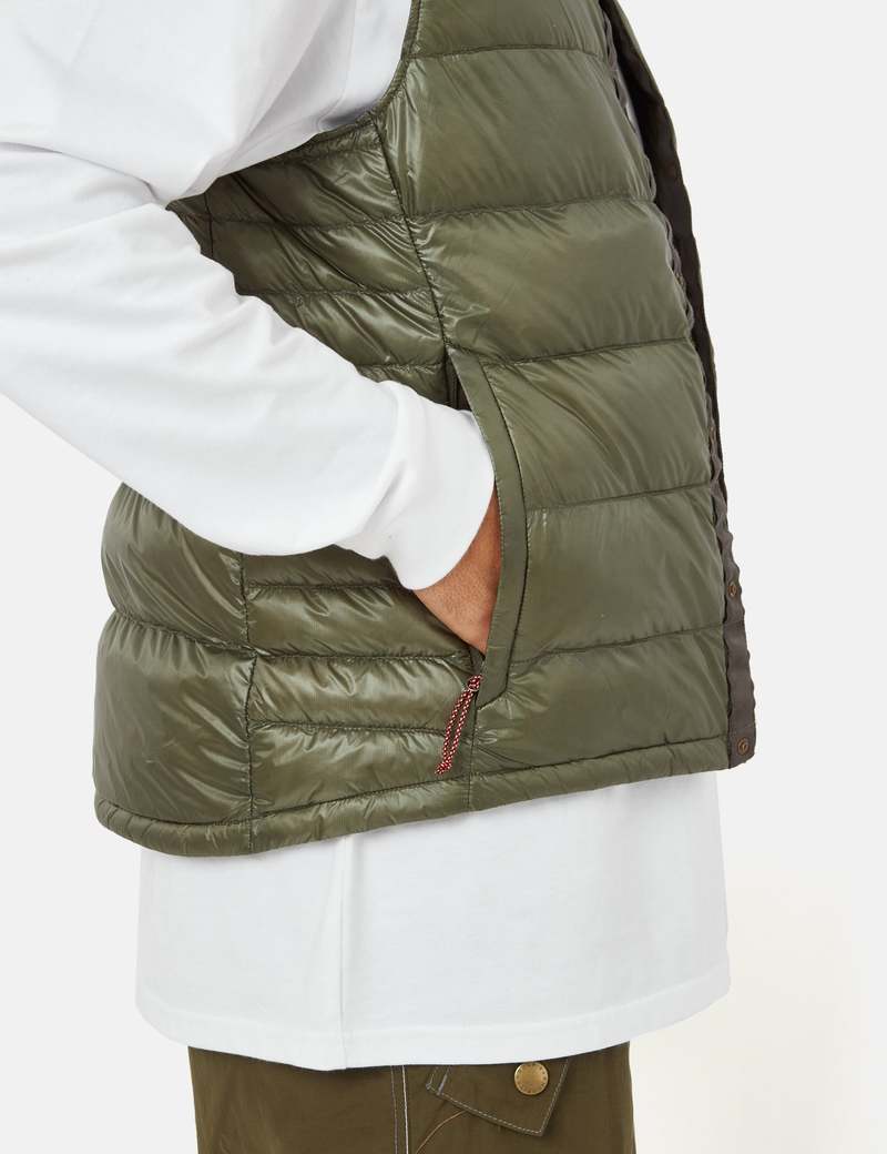 NANGA × KEBOZ REVERSIBLE DOWN VEST Engineered Garments x Nanga - Zip Vest - Olive | Nepenthes