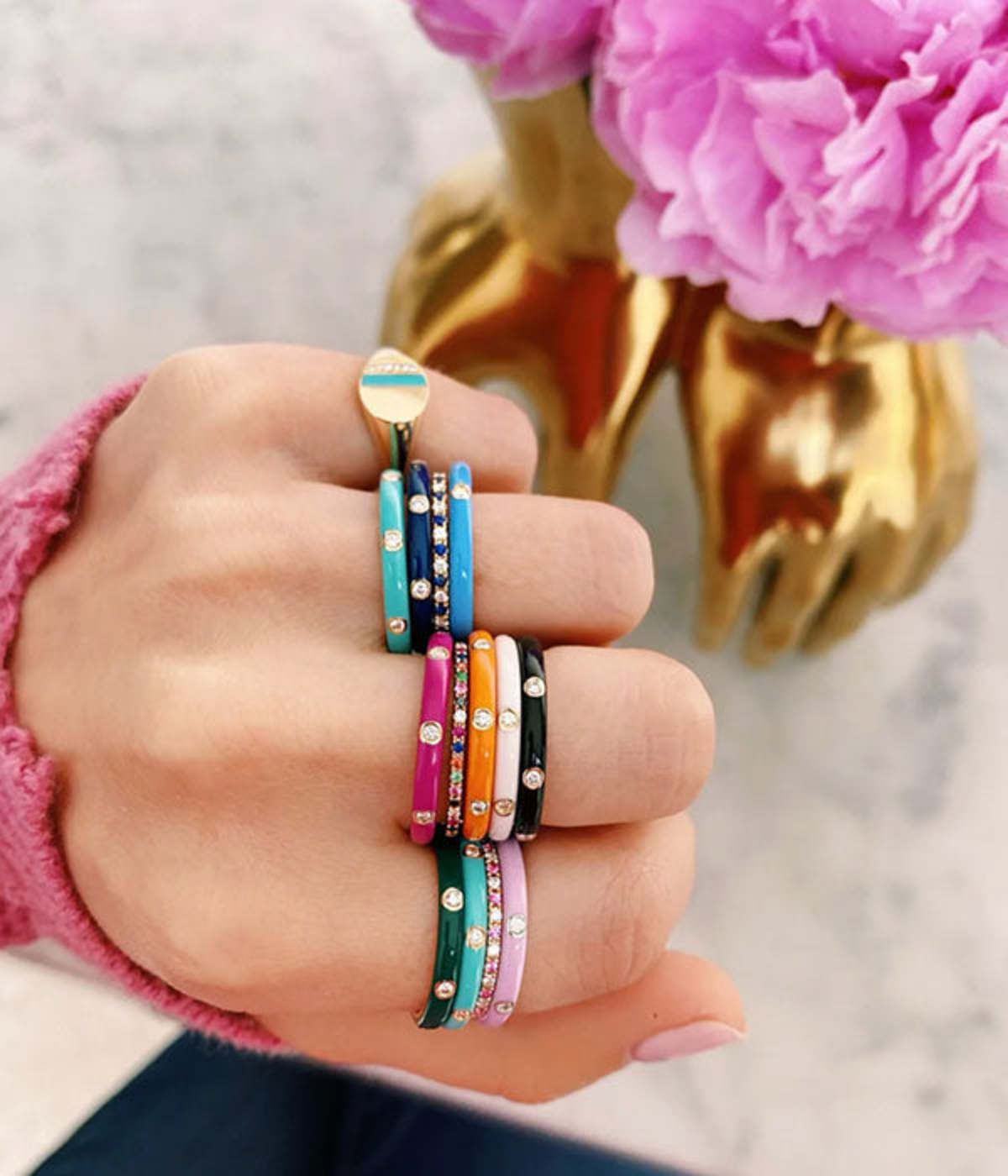 3 Diamond Turquoise Enamel Stack Ring - 14K | Garmentory