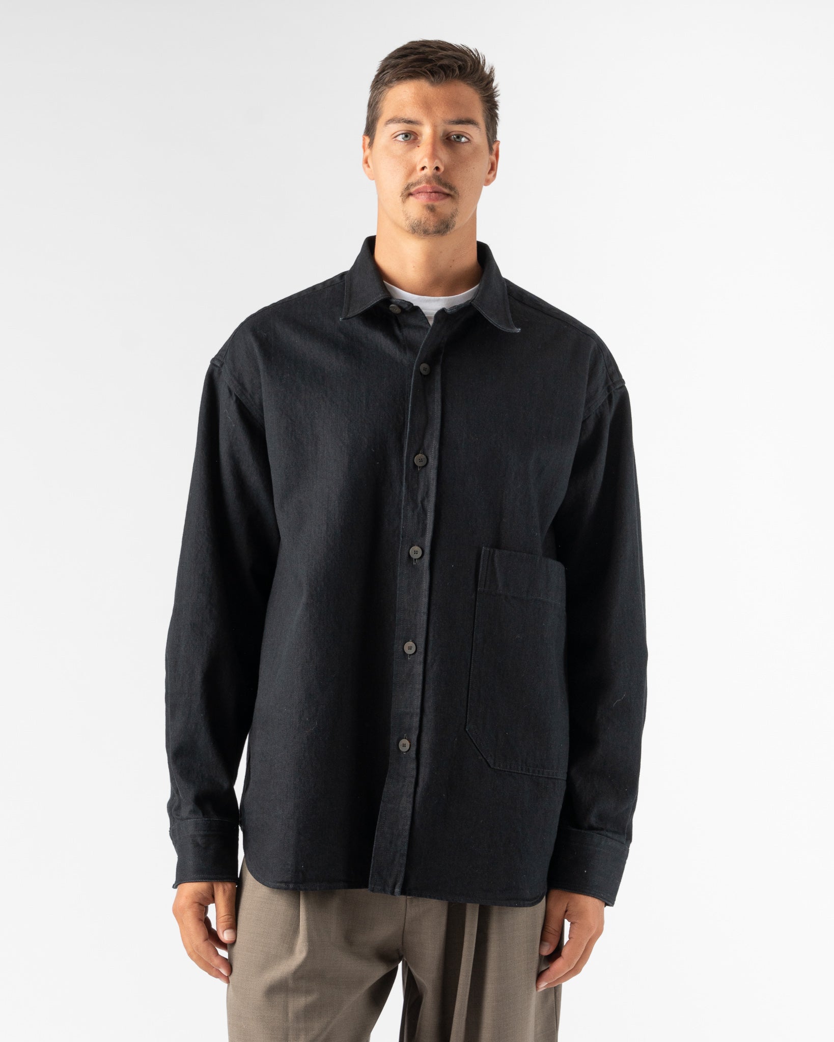 【Studio Nicholson】Denim Shirt in Black Studio Nicholson Prince Lightweight Denim Shirt in Black | Garmentory