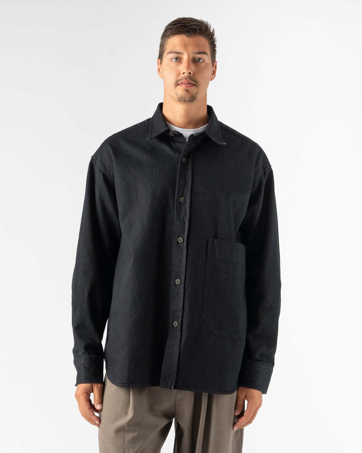 Studio Nicholson Prince Lightweight Denim Shirt in Black | Garmentory