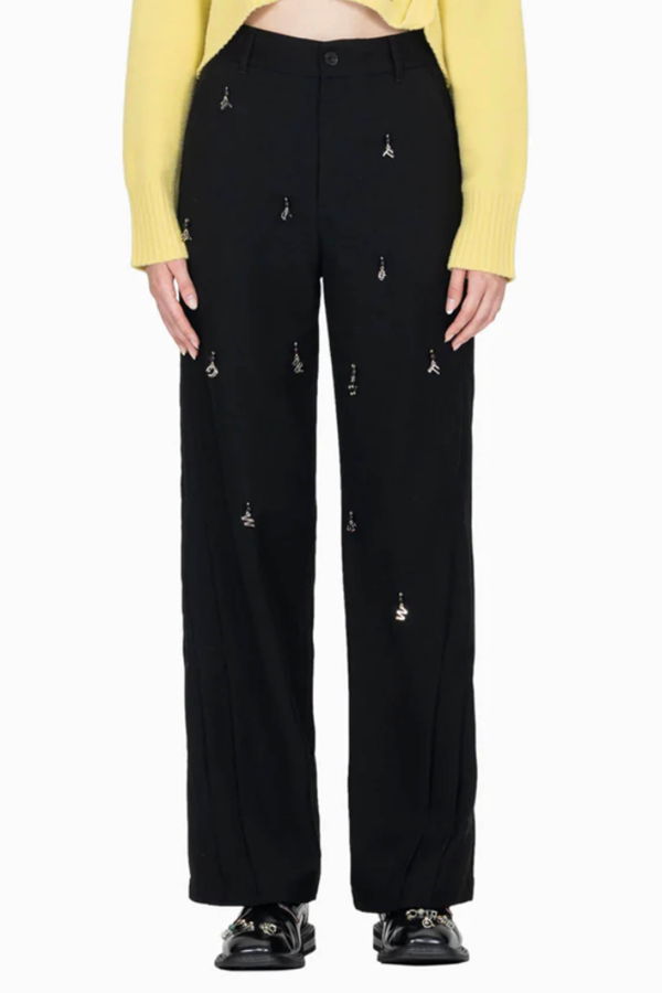 Feng Chen Wang Jade Stone Embellished and Pleated Trousers - Black