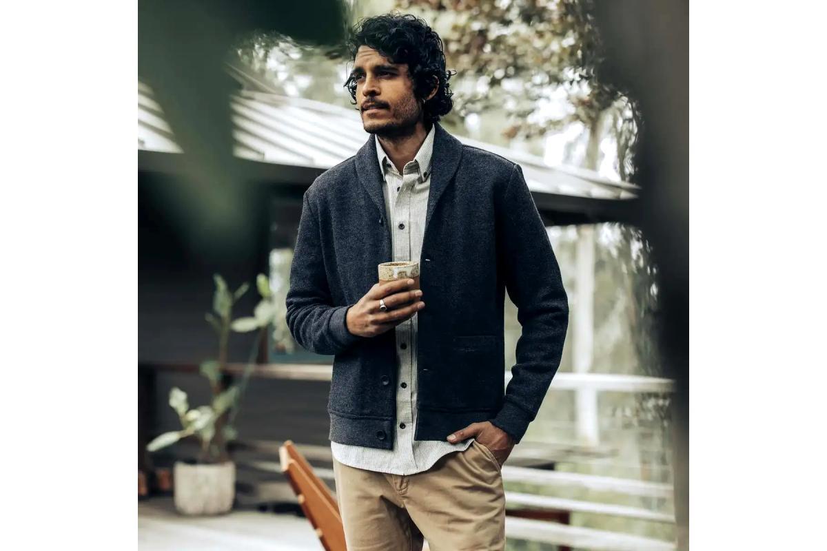 Taylor Stitch Weekend Cardigan Charcoal Herringbone Wool