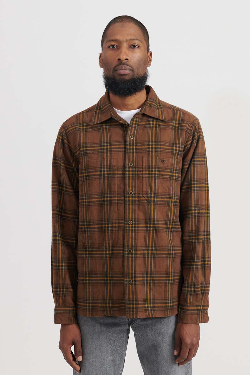 TS(S) Brushed Plaid Cotton Asymmetric Work Shirt - Brown | Garmentory