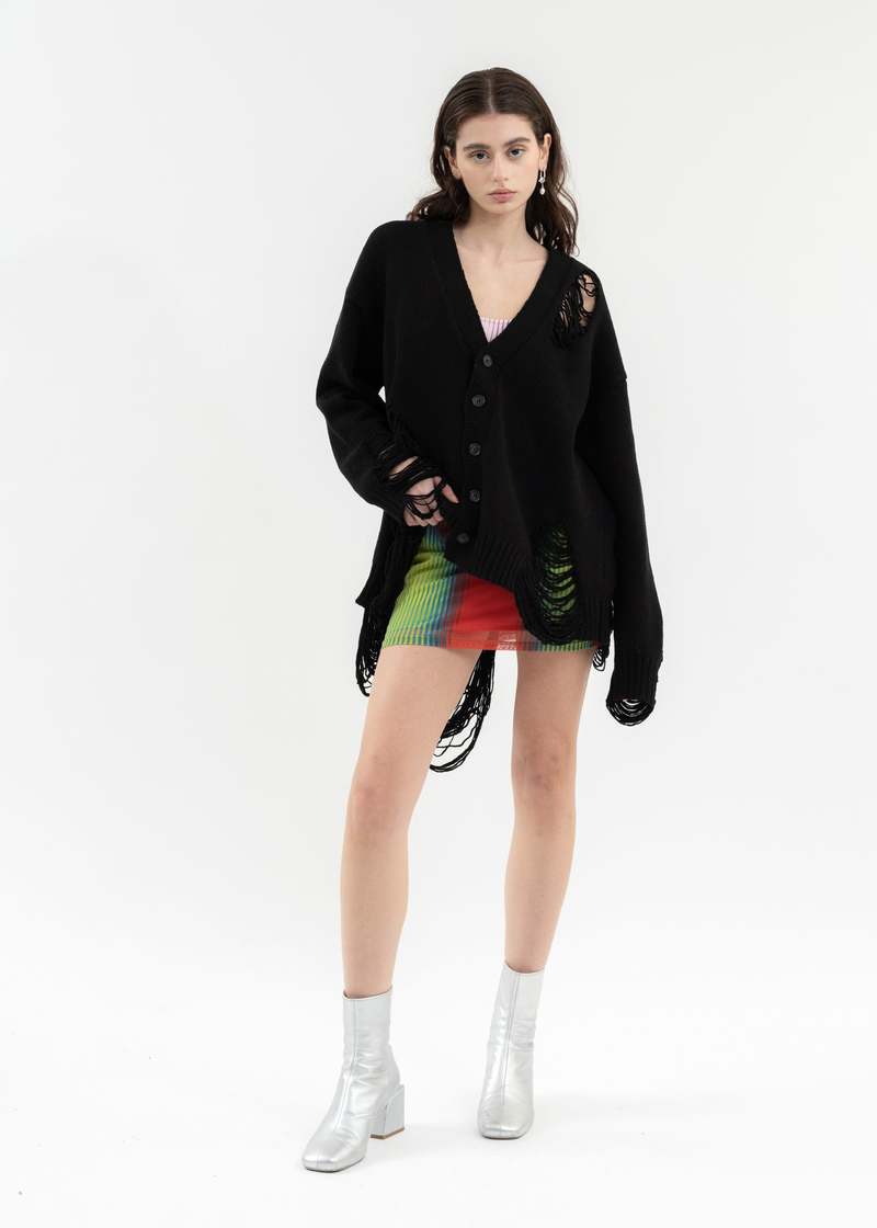 DISCOVERED DAMAGE COTTON KNIT CARDIGAN - Black | Garmentory