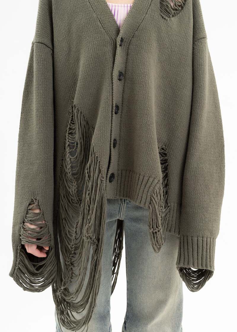 DISCOVERED DAMAGE COTTON KNIT CARDIGAN - Khaki | Garmentory