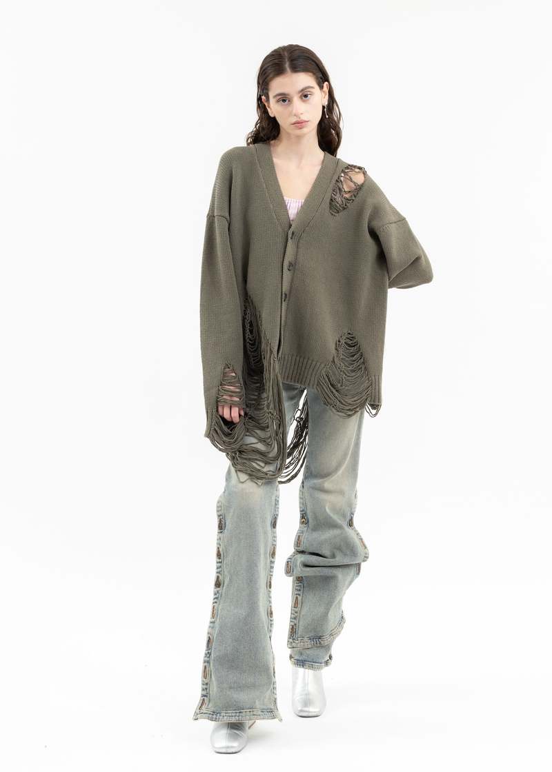 DISCOVERED DAMAGE COTTON KNIT CARDIGAN - Khaki | Garmentory