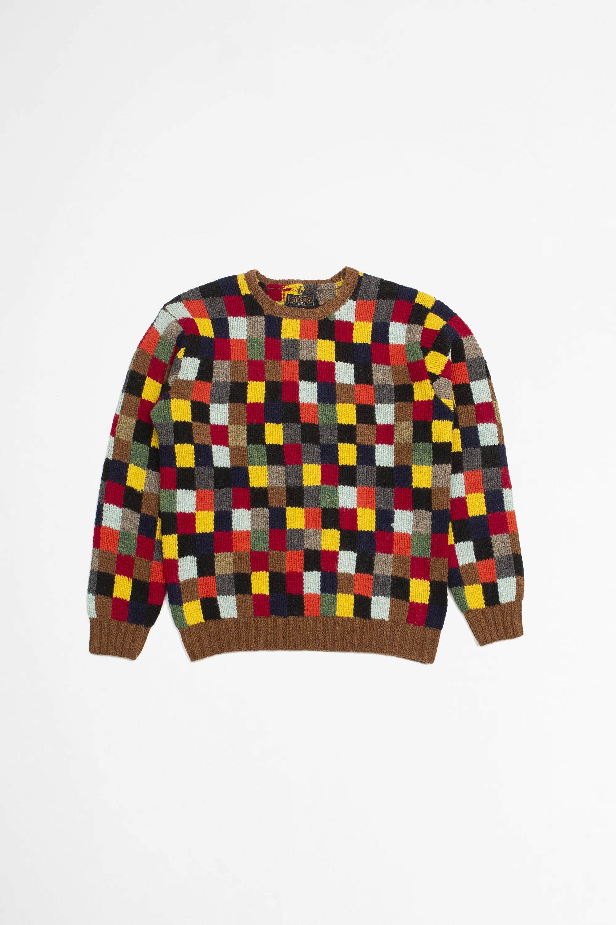 Beams Plus Patchwork Hand Knit Block Crew Neck Sweater - Multi